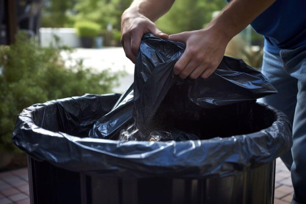 Person entsorgt Müll in einer Mülltonne im Garten, verdeckt durch eine elegante Mülltonnenbox für ein ordentliches Erscheinungsbild