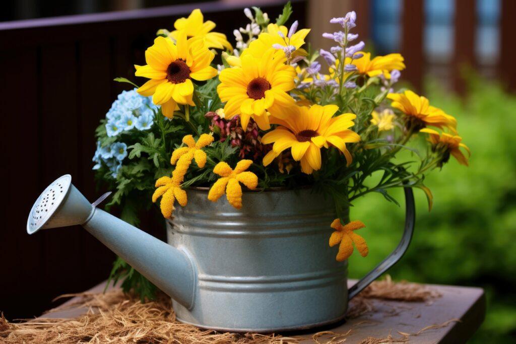 Gießkanne beflanzt mit gelben Blumen